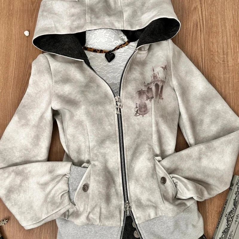 Aiertu  -  Y2k Aesthetic Vintage Printing Pocket Hoodies Gothic Fairy Grunge Hooded Jackets Autumn Women Double Zippers Punk Sweatshirt Aiertu
