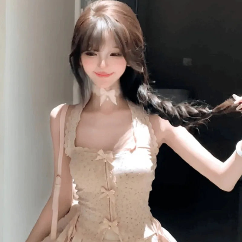 Aiertu  -  Sweet Hot Girl Pure Sexy Suit Women's Summer Halter Neck Top High Waist A-line Skirt Two-piece Set Fashion Female Clothes Aiertu