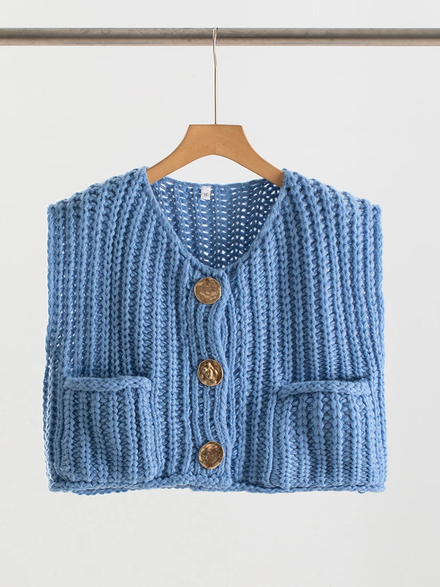Aiertu  -  Pocket Solid Color Cardigan Women 2026 Autumn New O Neck Single Breasted Sleeveless Cropped Sweater Casual Fashion Knitted Vest Aiertu