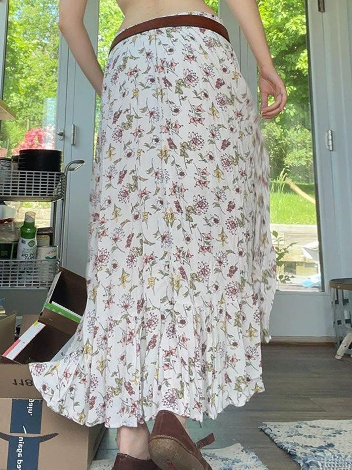 Aiertu  Vintage Floral Low Waist Asymmetrical Midi Skirt Aiertu