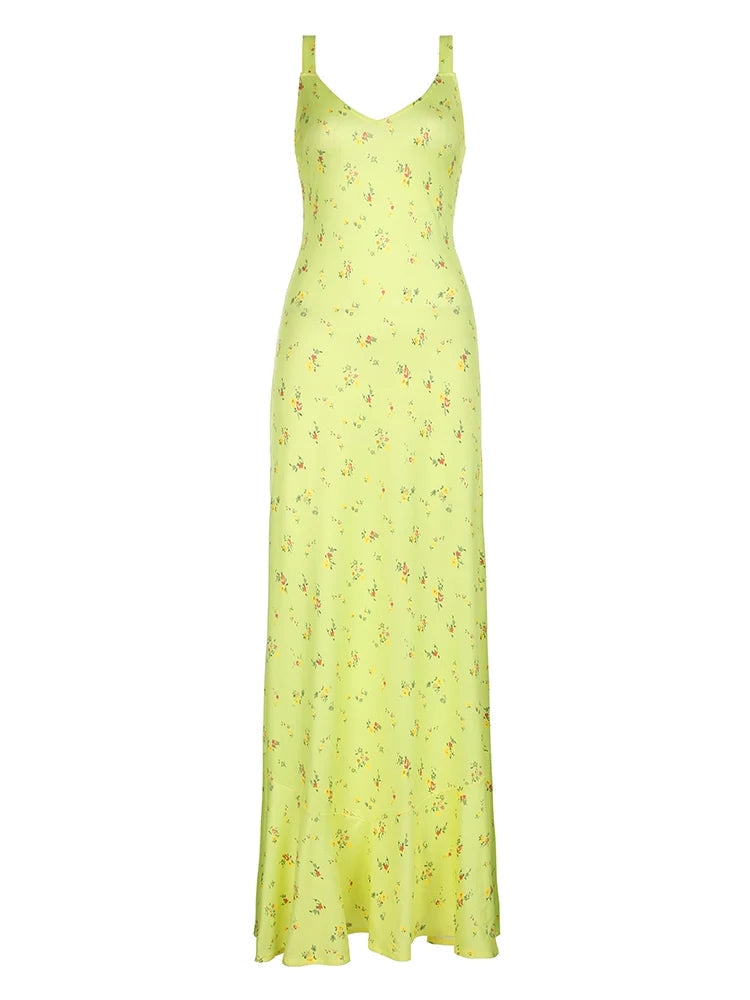 Aiertu  Yellow Floral Print Summer Vacation Beach Dresses For Women Sleeveless V Neck Elegant Sexy Boho Mermaid Dress Aiertu