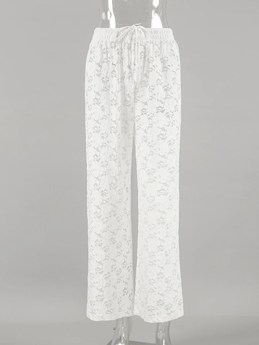 Aiertu  -  White Lace Jacquard Sheer Wide Leg Pant Women Drawstring High Waist Transparent Trouser Summer Sexy Casual Chic Bohemian Trouser Aiertu