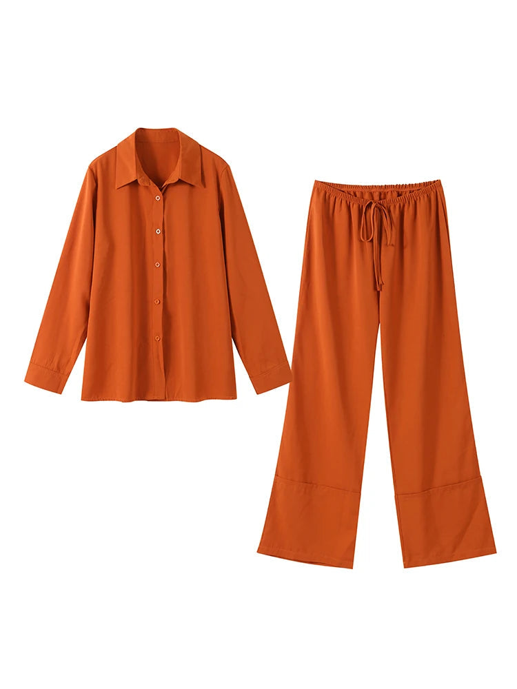 Aiertu  -  Elegant Orange Long Pants Sets For Women Casual Single Breasted Lapel Loose Shirts Wide Leg Straight Trousers Lady 2 Pieces Suit Aiertu