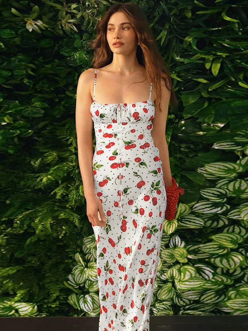 Aiertu  -  Woman Clothing Cherry Pattern Printed White Slip Dress 2026 Girls Sleeveless Lace-up High Waist Slim Long Holiday Party Dresses Aiertu