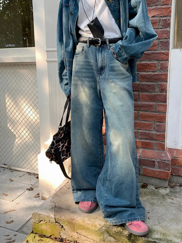 Aiertu  -  Women Boyfriend Whiskers Baggy Jeans Distressed Straight Long Trousers High Rise Wide Denim Pants Casual Retro Clothes Aiertu