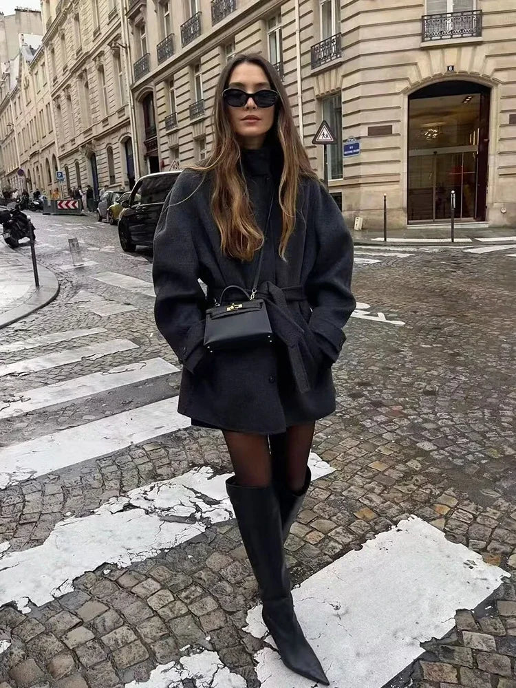 Aiertu  Women Fashion With Belt Black Single Breasted Trench Vintage Lapel Neck Long Sleeves Female Chic Lady Outfits Aiertu