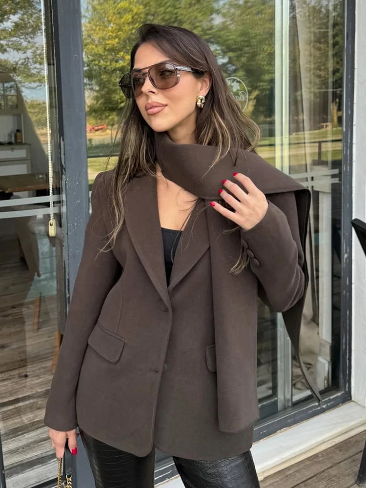 Aiertu  -  Fashion Woolen Blazer Jacket With Scarf Women's Loose Solid Pockets Long Sleeve Suits Coat Office Lady Versatile Outwear Aiertu