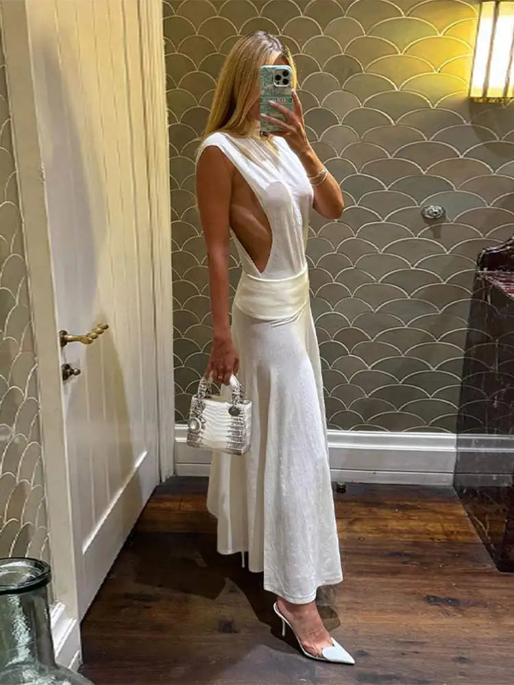 Aiertu  -  Elegant White Mesh Patchwork See Through Long Dress Women Fashion O-neck Sleeveless Slim Dresses New Lady Sexy Party Vestidos Aiertu
