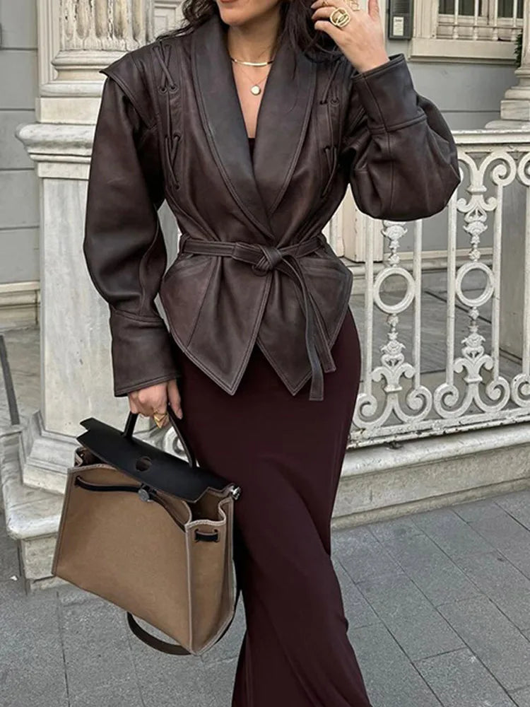 Aiertu  -  Fashion Leather Woman Short Jacket With Belt Turn Down Collar Long Sleeve Motorcycle Coat Ladies Winter Warm Street Outerwear Aiertu