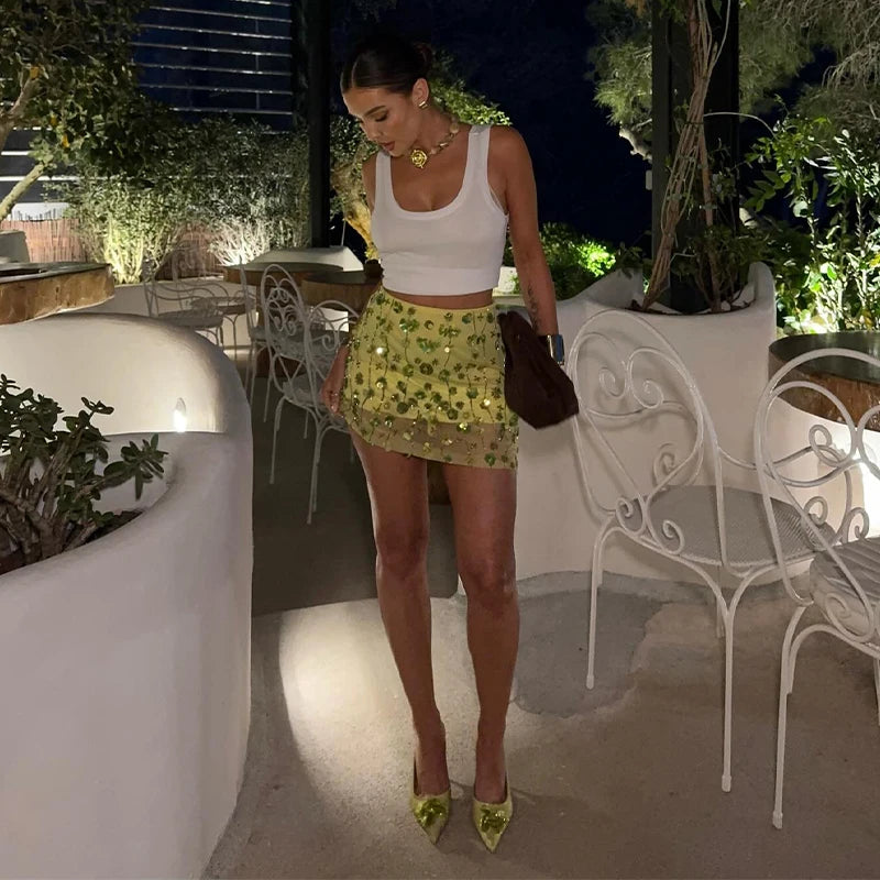 Aiertu  -  Y2k Sequins Glitter Hip Package Mini Skirt Chic Beaded Embroidery Short Skirts For Women 2025 Summer New Party Club Female Skirt Aiertu