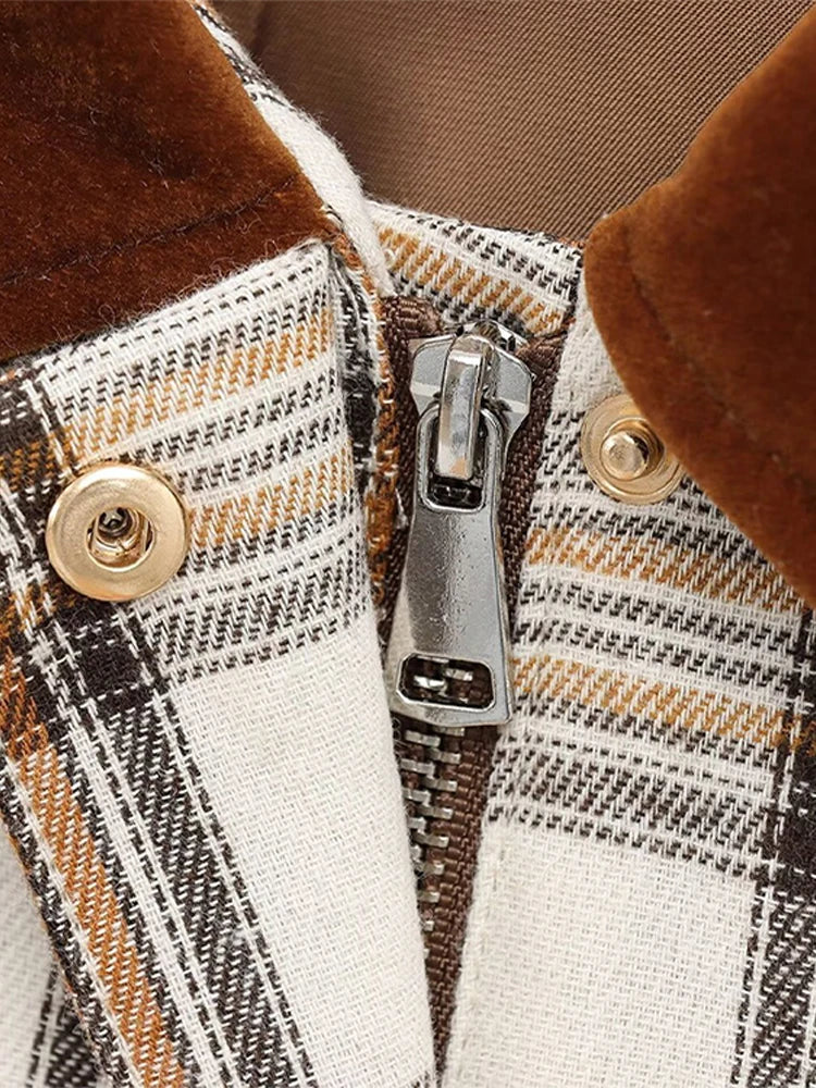 Aiertu  -  Patchwork Plaid Cape Style Jacket Coat Lapel Vintage Pocket Short Overcoat Loose Casual Fashion Temperament Women Outwear Spring Aiertu