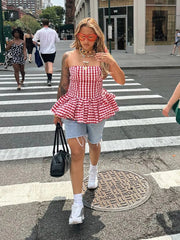 Aiertu  -  Print Red White Checkered Chest Wrap Pleated Fluffy Hem Sleeveless Backless Vacation Versatile Beach Party Trend Tops Aiertu