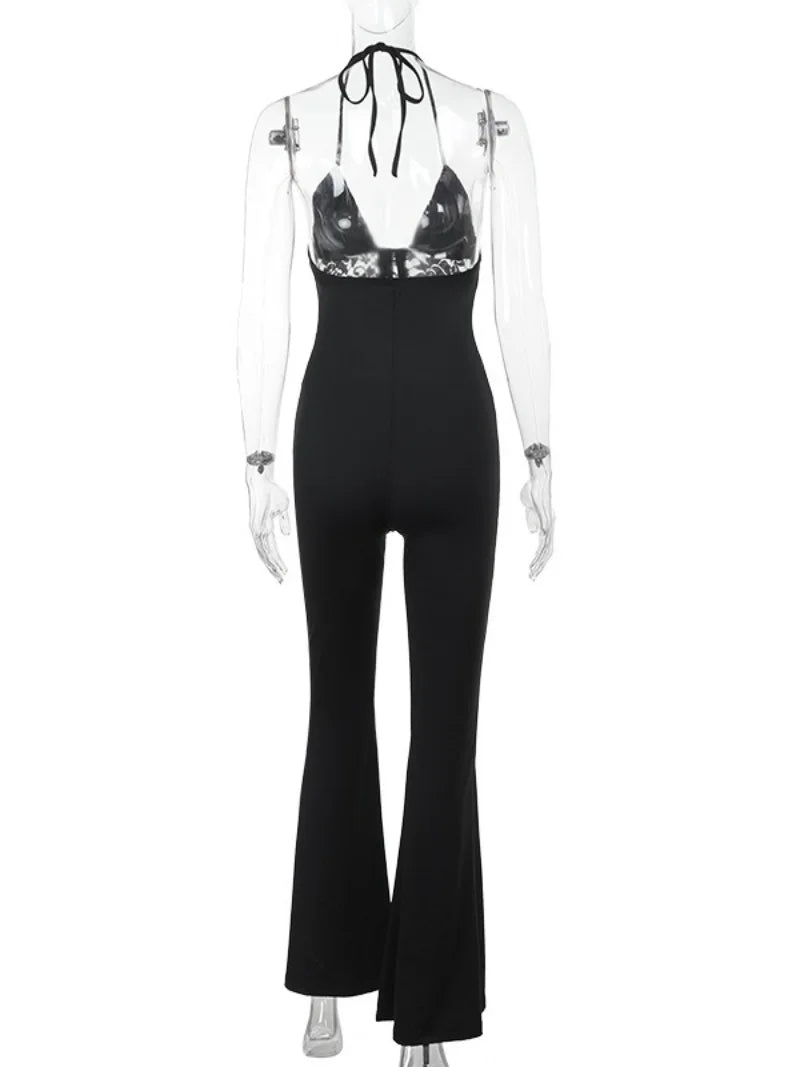 Aiertu  -  Women's Summer Full Length Flare Pants Jumpsuits 2025 Elegant Halter Backless Lace Patchwork Black Overalls Female High Street Aiertu
