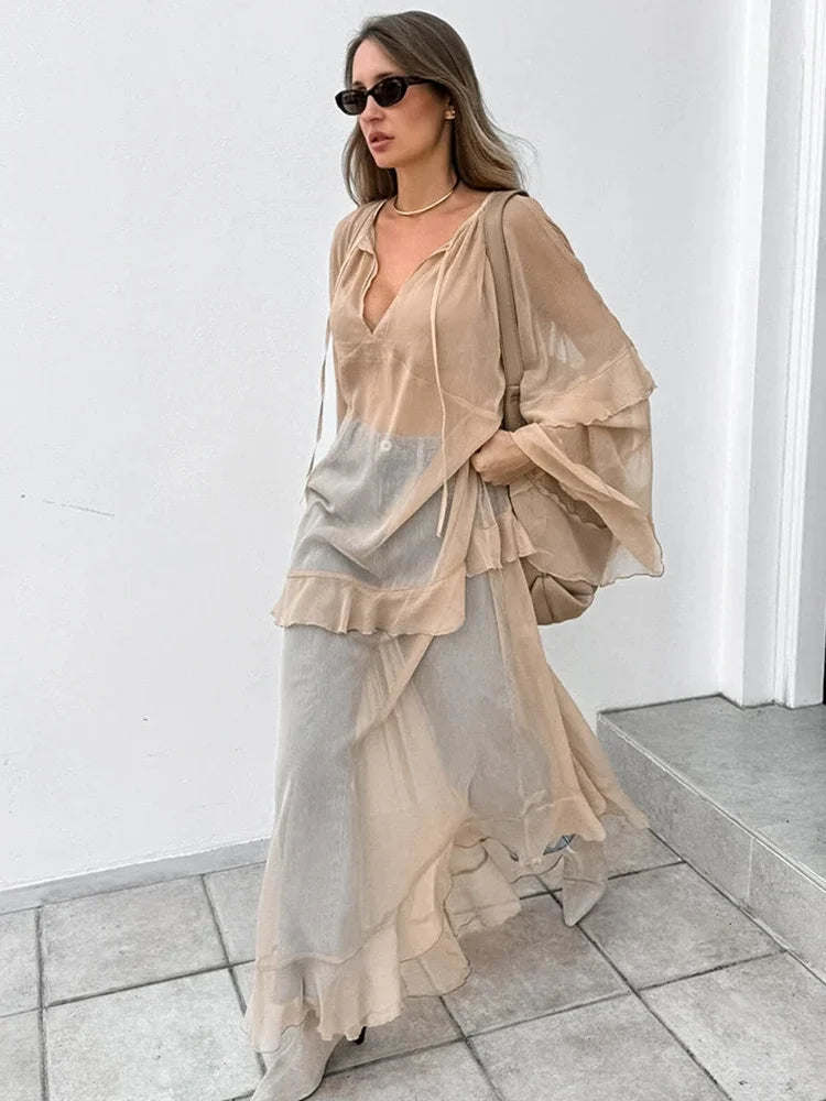 Aiertu  -  Fashion Oversized Cover Up Dress Women 2025 V Neck Loose Streetwear Casual Long Sleeve Maxi Dress Femme Ruffle Dresses Aiertu