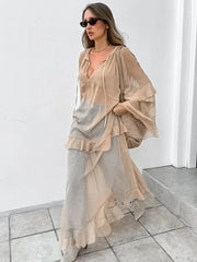 Aiertu  -  Fashion Oversized Cover Up Dress Women 2025 V Neck Loose Streetwear Casual Long Sleeve Maxi Dress Femme Ruffle Dresses Aiertu