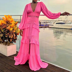 Aiertu  -  Elegant Lace Deep V-neck Pleated Long Dress Women's Casual Long Sleeve Solid Party Dress Fahsion Hight Waist Slim Evening Dress Aiertu