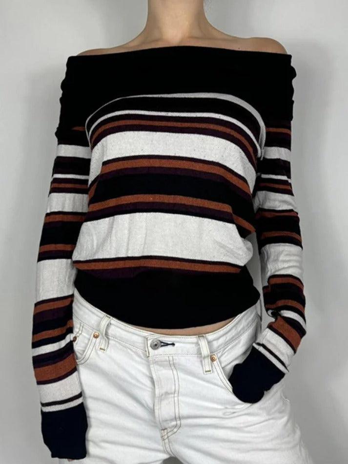 Aiertu  -Off Shoulder Striped Print Sweaters aiertu