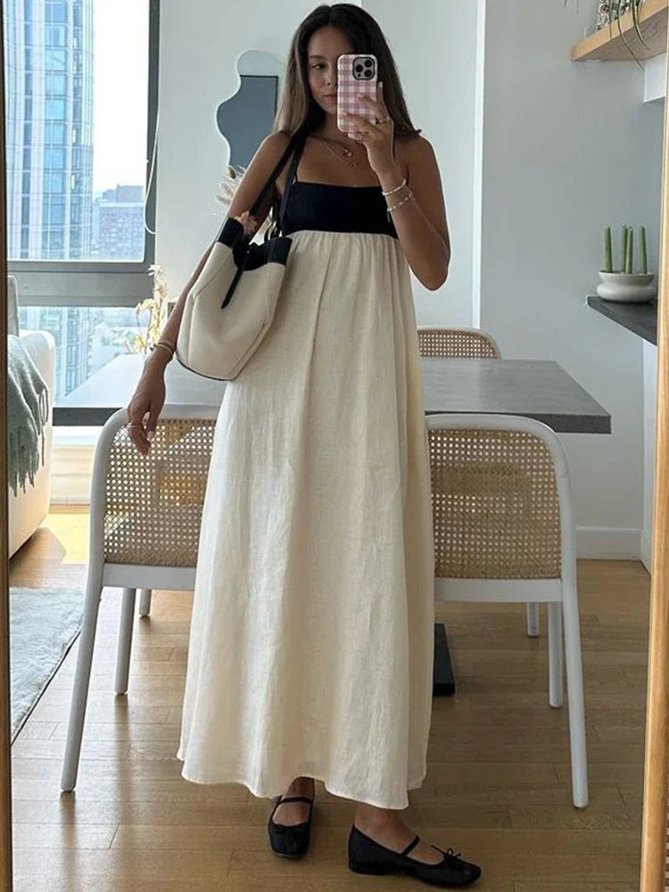 Aiertu  -  Patchwork Spaghetti Strap Dress For Women Autumn Casual Loose Long Dresses Party Sexy Backless Vacation Maxi Dress Aiertu