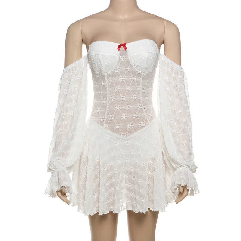 Aiertu  -  Bows Lace Stapless Dress For Women See Through Sexy Long Sleeve Mini Dress Splice Sweet Slim Pleated Dress High Waist Aiertu