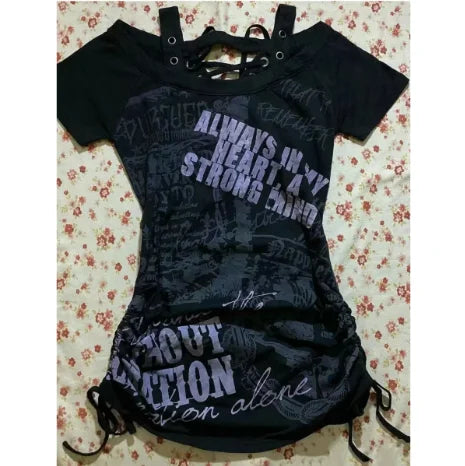 Aiertu  -  Retro Streetwear Y2K Letter Print T-Shirt Women Fashion Street Millennial Trend One Neck Spice Girl Slim Harajuku Casual Top Aiertu
