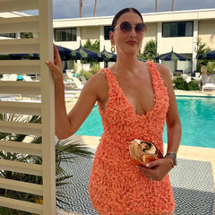 Aiertu  Summer Floral Applique Mini Dress Sexy New Arrivals Orange V Neck Bodycon Party Dresses Satin Birthday Dress Aiertu