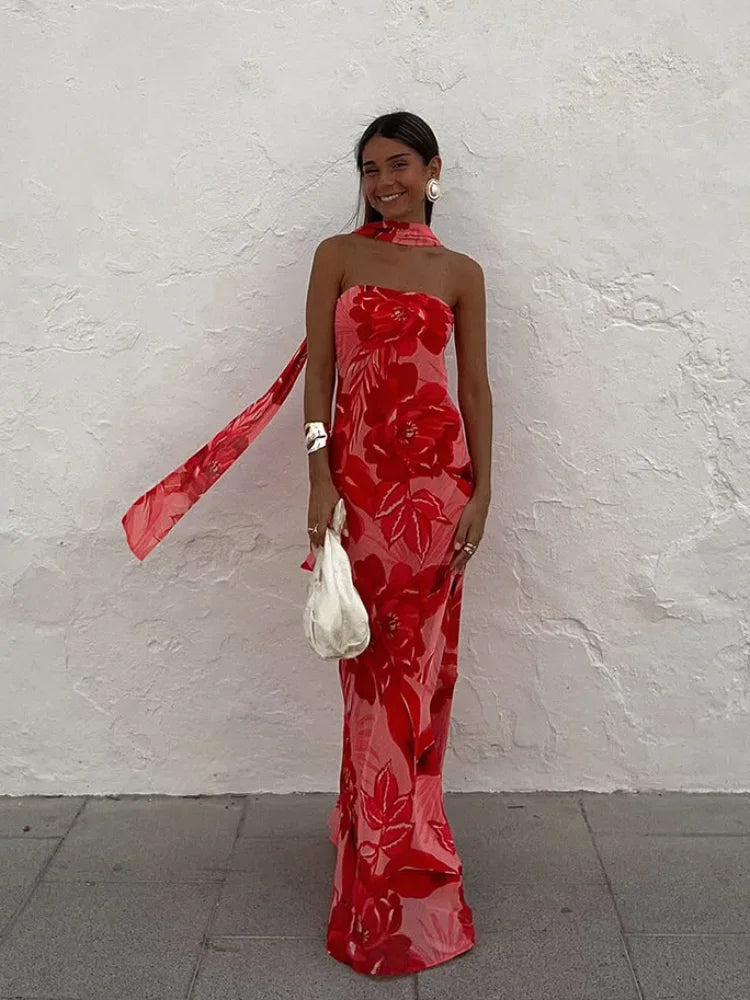 Aiertu  -  Ribbon Scarf Printed Strapless Dress Backless Sexy Slimming Vacation Beach Lady Maxi Long Dress Party Robes Women's Clothing Aiertu