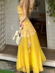 Aiertu  Holiday Style Yellow Flora Prints Women Dress Summer Fashion Design Irregular Ruffles V-Neck Short Frock Aiertu