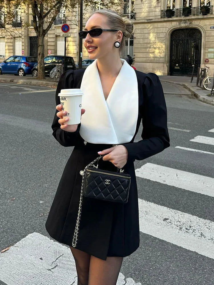 Aiertu  -  Contrast Color Lapel Suit Dress Elegant Office Woman Outfits Pleatd Splice High Waist Mini Dress Double Breasted Fashion Aiertu