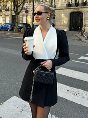 Aiertu  -  Contrast Color Lapel Suit Dress Elegant Office Woman Outfits Pleatd Splice High Waist Mini Dress Double Breasted Fashion Aiertu
