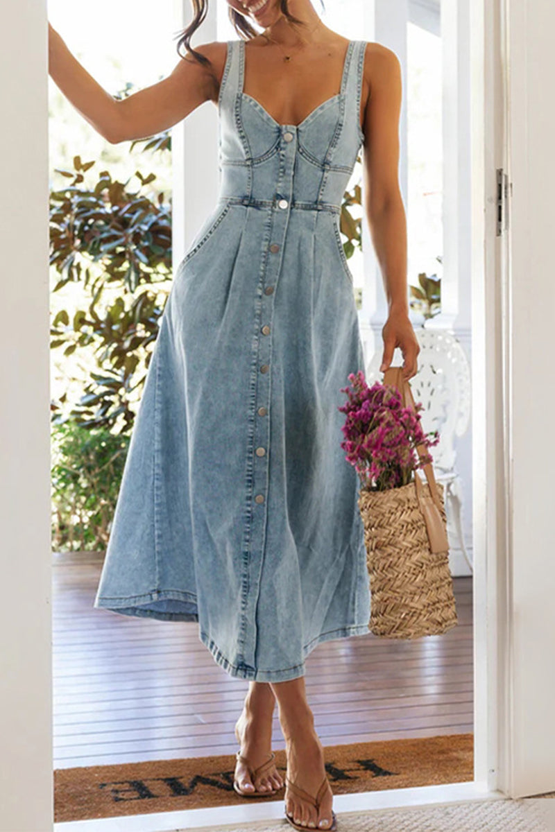Aiertu  -Elegant Solid Color Buttons Patchwork V Neck Sleeveless Denim Dresses aiertu