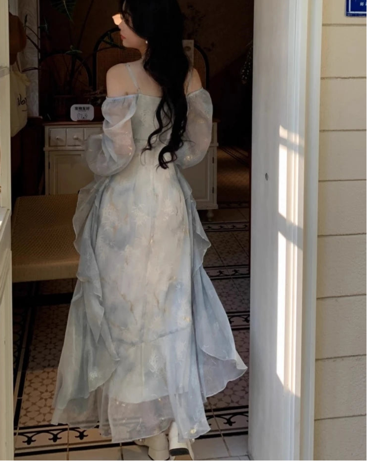Aiertu French Fashion Print Fairy Long Dresses Women Autumn New Ruffles A-Line Party Birthday Vestidos Female One Piece Clothes Aiertu