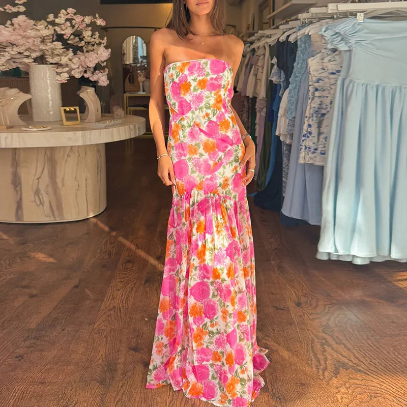 Aiertu  -  Spring Slim Fit Hem Long Dress Sexy Strapless Floral Print Boho Maxi Dress Womens Summer Fashion Off Shoulder Pleated Dress Aiertu