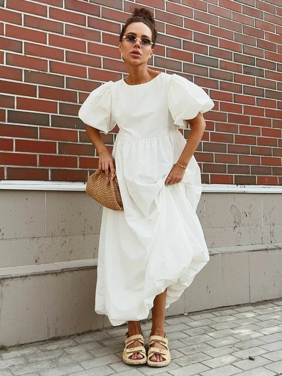 Aiertu  -  100% Cotton Women's Oversized Bubble Sleeve Dresses Fashionable Ladies O-Neck Chic Short Sleeve Summer Loose Long Dress Aiertu