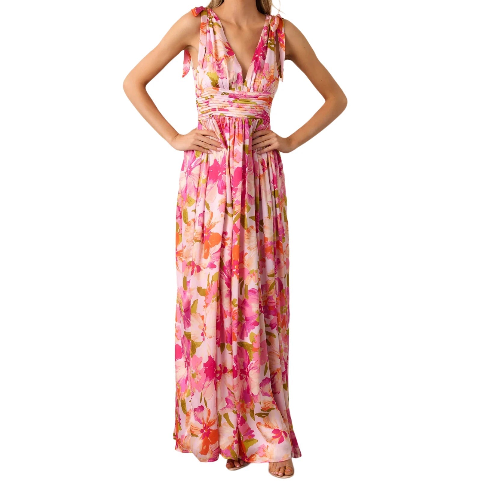 Aiertu  -  Elegant Maxi Dress with Boho Floral Print Stylish V-Neckline and Chic Tie-Up Shoulder Detail Perfect for Summer Casual Wear Aiertu