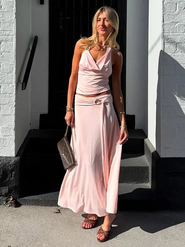 Aiertu  -  Folds Temperament 2-Piece Set Women Metal Rings Low-Neck Backless Sleeveless Tops+Streamers Long Skirts Matching Suits Aiertu