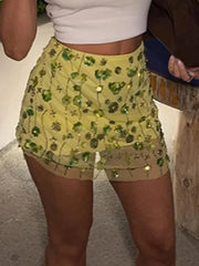 Aiertu  -  Squins Flower Bead Mini Skirt Women Straight Wide Leg High Waist Fashion Skirts A-line Lined Green Party 2025 Summer Lady Robe Aiertu
