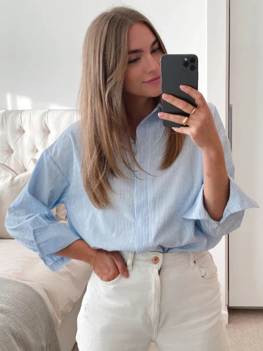 Aiertu  -  Chic Striped Women Shirt Loose 100% Cotton Shirts Tops Ladies Casual Lapel Oversized Lace Up Blouse Women Tops Blouse Aiertu
