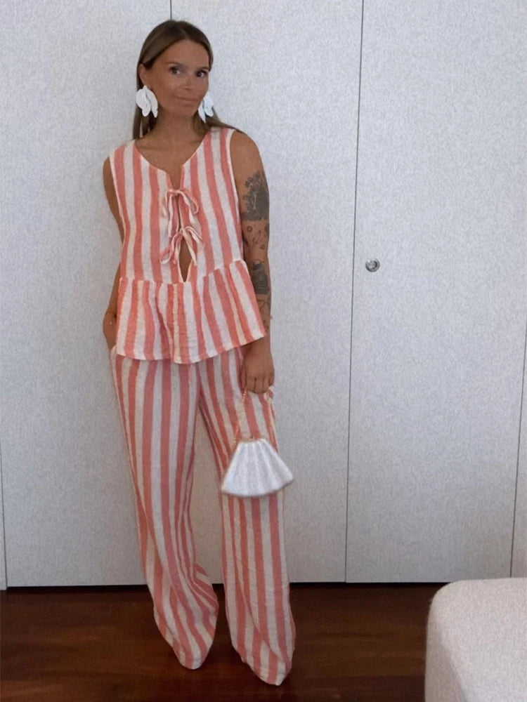Aiertu  -  Stripe Lace Up Shirts Pant Suit Women Casual O-neck Sleeveless Hollow Out Blouse Wide Leg Trousers Summer Lady Beach Outfit Aiertu