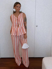 Aiertu  -  Stripe Lace Up Shirts Pant Suit Women Casual O-neck Sleeveless Hollow Out Blouse Wide Leg Trousers Summer Lady Beach Outfit Aiertu
