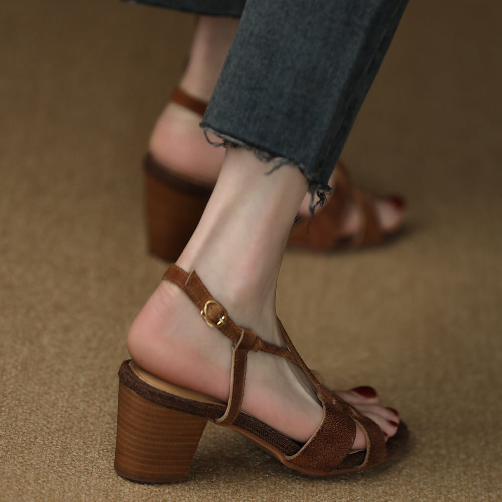 Aiertu  PeepToe Retro Shoes Women Cow Suede Leather French Style Sandals High Heel 6.5CM Handmade Vingtage Shoes Summer Sandals Aiertu