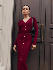 Aiertu  -  Elegant Ancora Red Knitted Bodycon Maxi Dresses Women V Neck Single Breasted High Waist Dress New Autumn Lady Commute Party Robe Aiertu