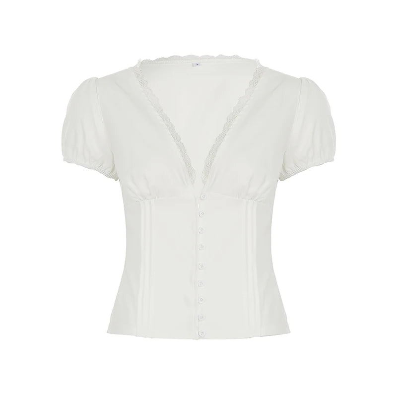 Aiertu  -  Lace Patchwork Solid Blouses for Women Single-breasted Fashion Slim Clothes Streetwear V-neck Short Sleeves Tops Aiertu