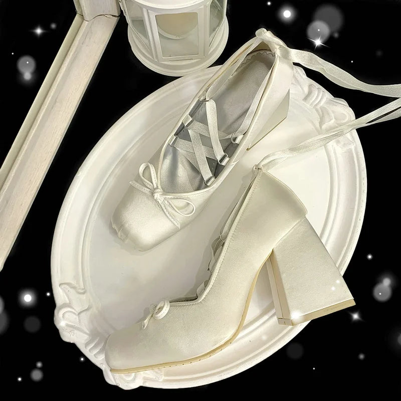 Aiertu  -  Minuet Pink Mary Jane High Heels Lolita Thick Heel Satin Ribbon Ballet Sandals For Women Pumps Aiertu