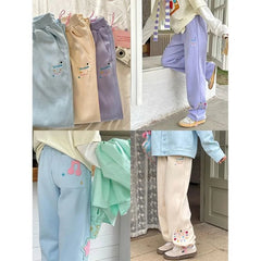 Aiertu  -  Star Note Embroidery Japanese Sweet Girl Soft Trousers Students High Waisted Summer Thin Loose Casual Sports Wide Leg Long Pants Aiertu