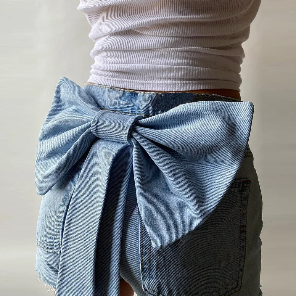 Aiertu  -  layered look inspo Women Zipper Fly Back Bow Front Button A-line Jeans Shorts Summer INS Street Casual Denim Blue Denim Shorts Aiertu