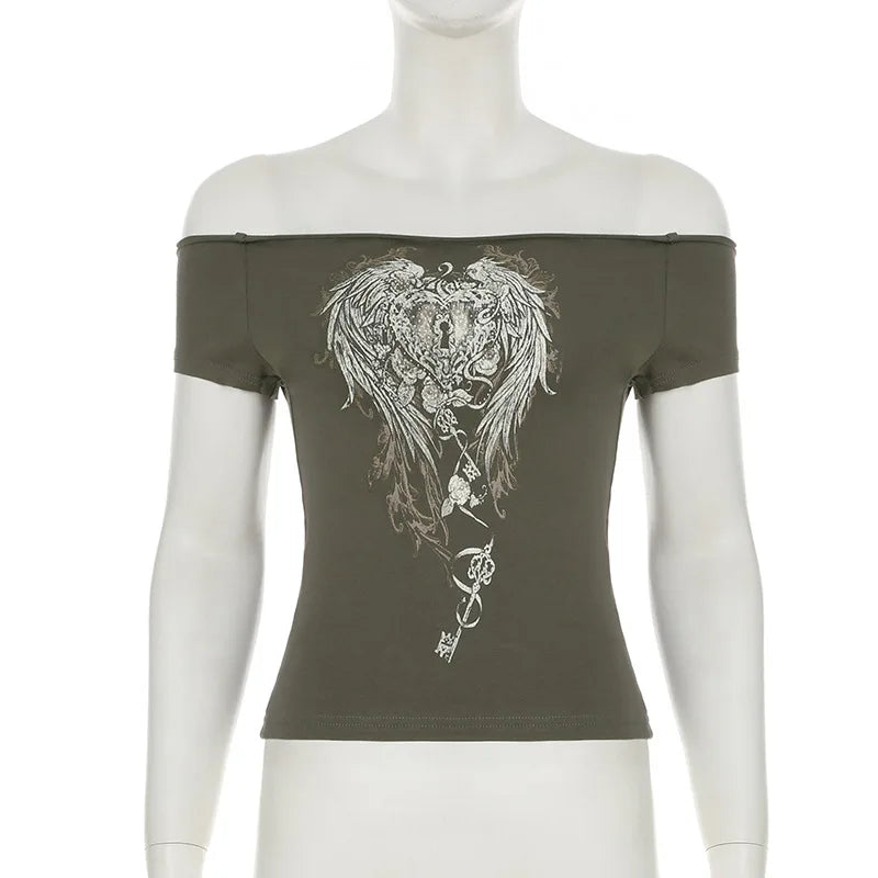 Aiertu  -  Y2K Spice Girls Return to Work Wings Key Printed One-Word Shoulder Short Sleeve T-Shirt Dark Wind Slim Skinny Off-Shoulder Top Aiertu