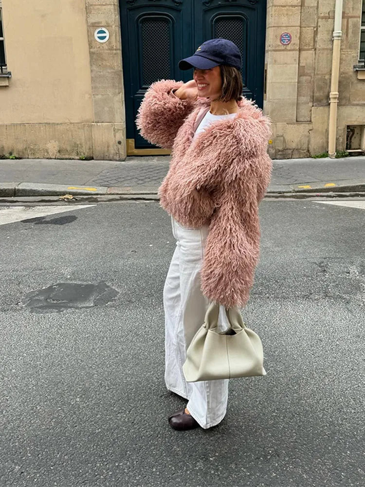 Aiertu  -  party look snspos Faux Fur Jackets Women Loose Casual Lapel Long Sleeves Zipper Coats Female 2024 Autumn Winter Fashion Solid Warm Outwears Lady Aiertu