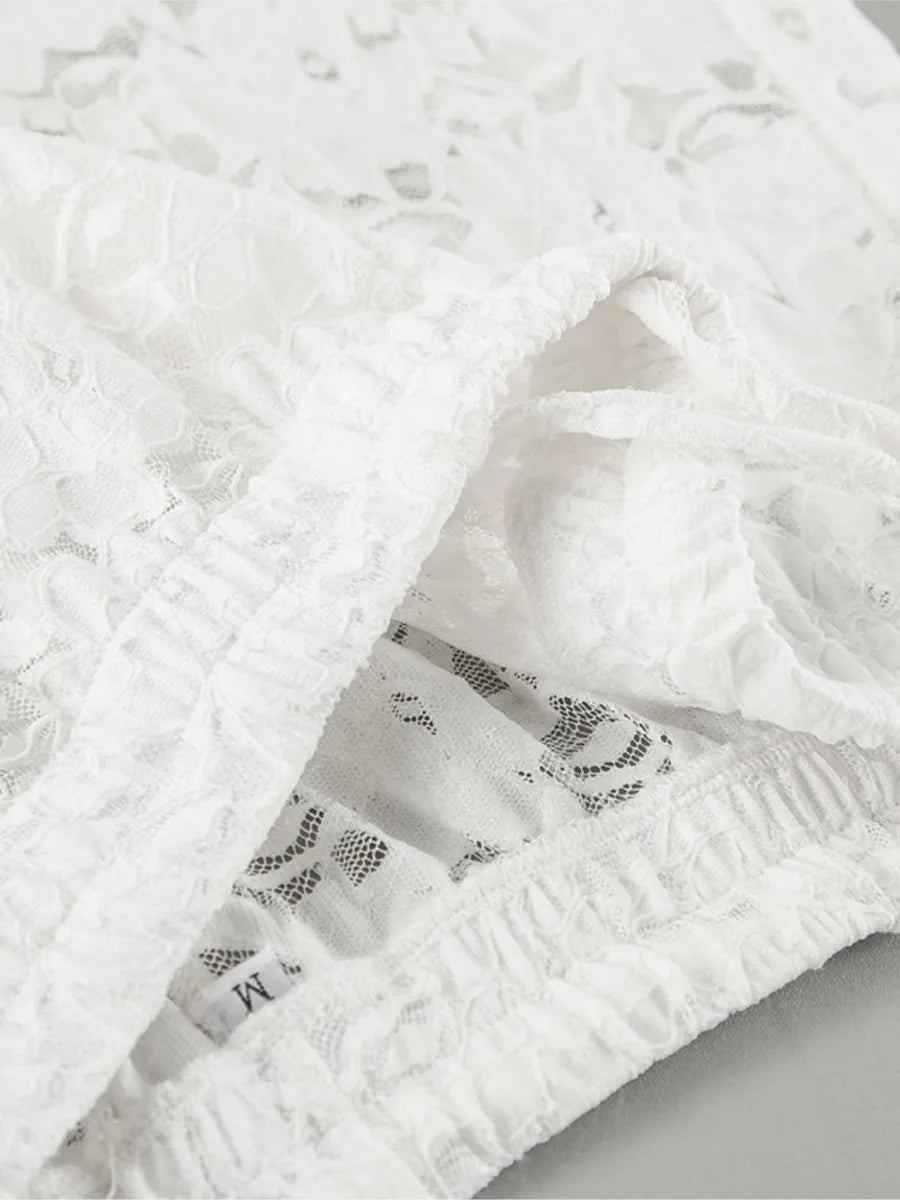 Aiertu  -  White Lace Jacquard Sheer Wide Leg Pant Women Drawstring High Waist Transparent Trouser Summer Sexy Casual Chic Bohemian Trouser Aiertu