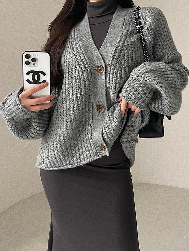 Aiertu Solid Color Long Sleeve Knitted Long Sleeve Button Up Sweater Aiertu