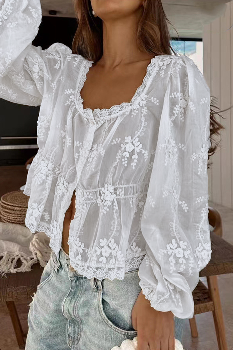 Aiertu  -  Sexy Daily Solid Color Embroidered Buttons See-Through U Neck Blouses Aiertu